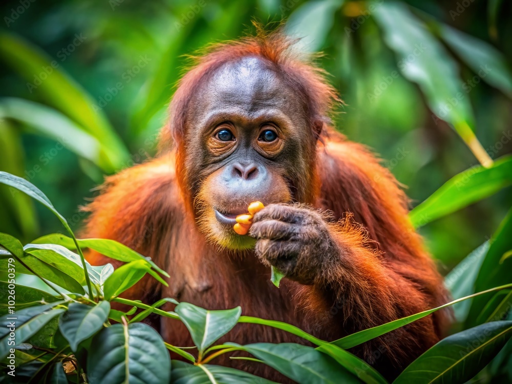 Adorable Bornean Orangutan with Nut - Wildlife Photography of Pongo pygmaeus in Natural Habitat Adorable Bornean Orangutan with Nut - Wildlife Photography of Pongo pygmaeus in Natural Habitat