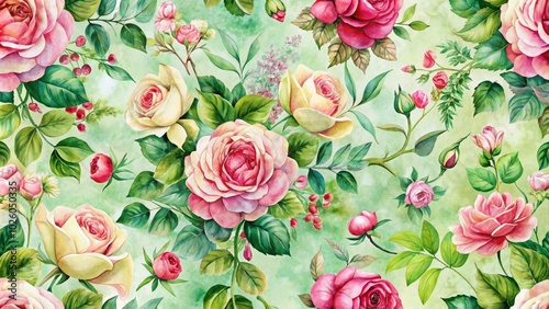 Experience a seamless, romantic rose pattern wallpaper featuring delicate watercolor florals and lush green garden designs, perfect for enhancing intimate spaces with elegance.