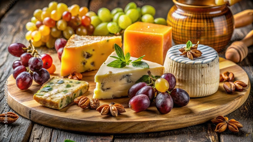 Experience culinary bliss with an exquisite cheese board featuring various cheeses, fresh grapes, crunchy nuts, and honey drizzles, all beautifully crafted on a wooden platter. Experience culinary bliss with an exquisite cheese board featuring various cheeses, fresh grapes, crunchy nuts, and honey drizzles, all beautifully crafted on a wooden platter.