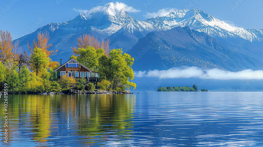 Fototapeta premium Lakeside Cabin with Autumn Trees and Snow-Capped Mountains Reflection..