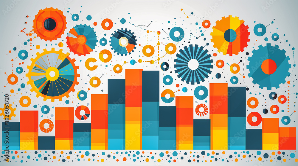 Obraz premium Abstract Data Visualization with Gears, Charts, and Colorful Bars..