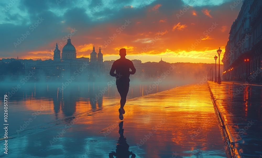 Fototapeta premium Person jogging at sunrise along waterfront, with buildings silhouetted against vibrant sky