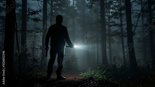 Mysterious Figure Holding Flashlight in Misty Woods