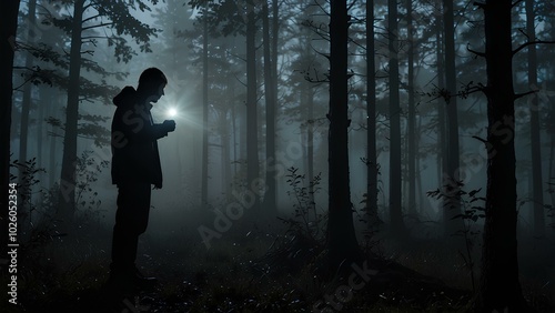 Mysterious Figure Holding Flashlight in Misty Woods