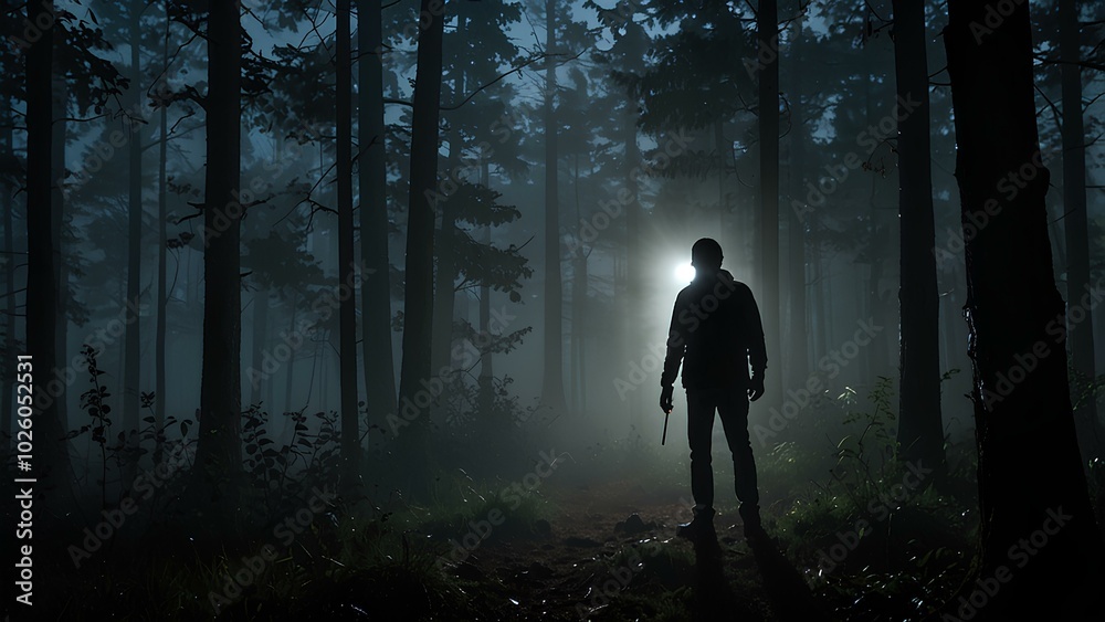 Mysterious Figure Holding Flashlight in Misty Woods Mysterious Figure Holding Flashlight in Misty Woods