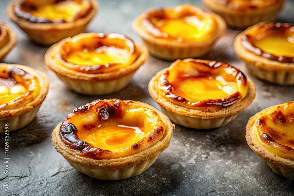 Experience the delight of Pasteis de Nata, classic Portuguese egg tarts with luscious custard, beautifully crafted on a concrete surface for unique presentation. Experience the delight of Pasteis de Nata, classic Portuguese egg tarts with luscious custard, beautifully crafted on a concrete surface for unique presentation.