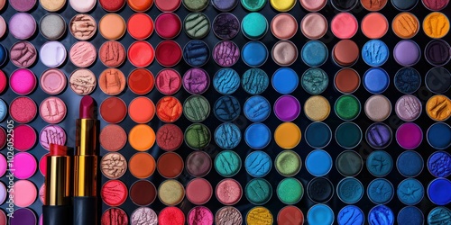 A colorful assortment of lipstick tubes and eyeshadow palettes. photo