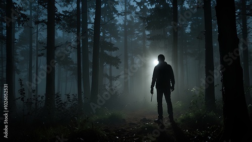 Mysterious Figure Holding Flashlight in Misty Woods photo