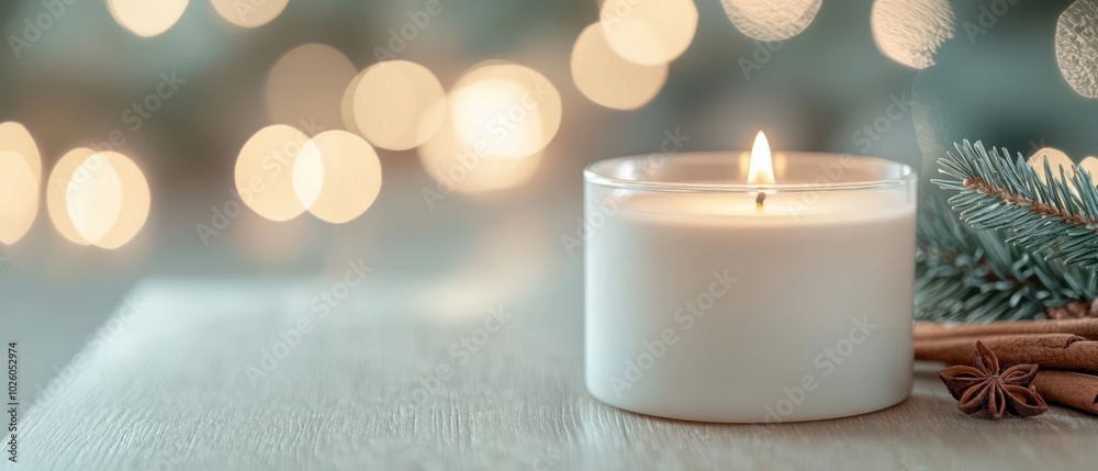 A lit candle on a table with festive decorations and soft lights in the background creating a warm ambiance. A lit candle on a table with festive decorations and soft lights in the background creating a warm ambiance.