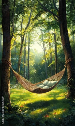 A hammock slung between two trees in a forest.