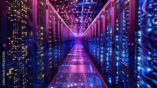 Futuristic Data Center with Vibrant Colored Servers and Glowing Lights in a Technologically Advanced Digital Infrastructure photo