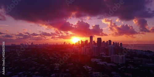 Aerial drone view of a city skyline during sunset.