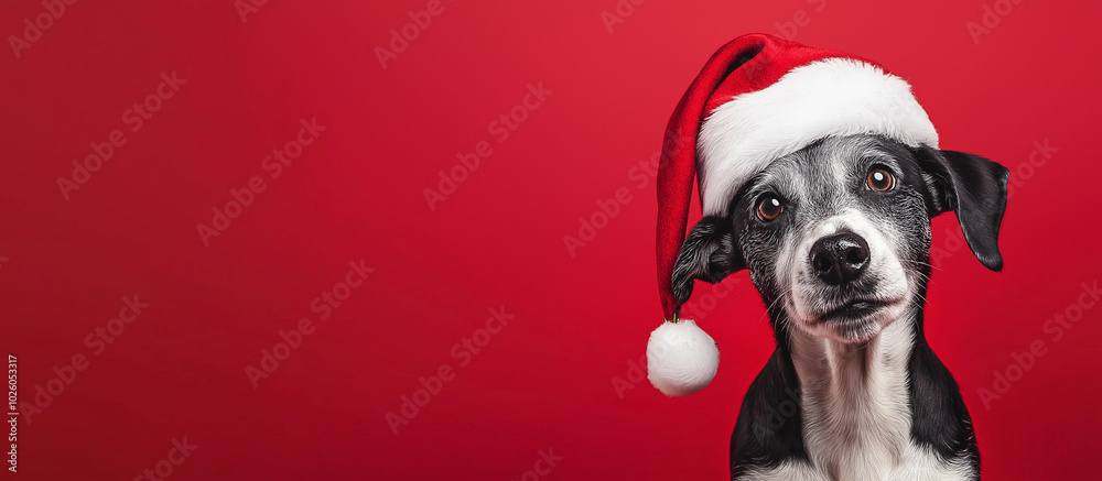 Senior dog in Santa hat on red background banner with copy space Senior dog in Santa hat on red background banner with copy space