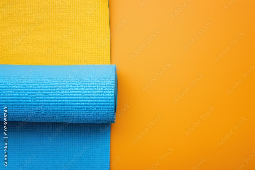Brightly colored yoga mats rolled out on a vibrant orange backdrop Brightly colored yoga mats rolled out on a vibrant orange backdrop
