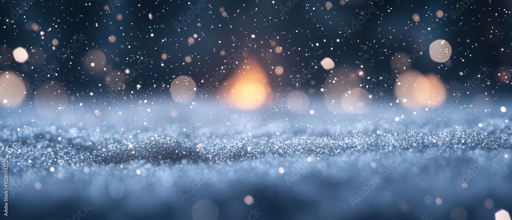 Obraz premium A serene winter scene with falling snowflakes and gentle bokeh lights, creating a magical atmosphere.