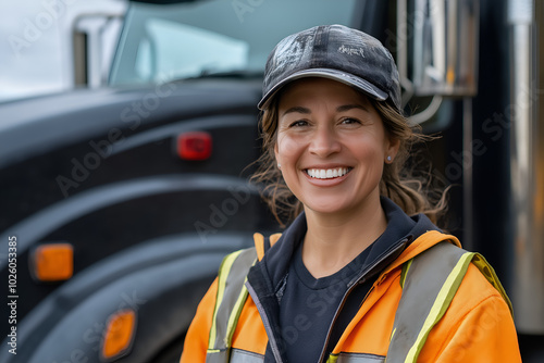 A smiling female truck driver standing in front of a heavy duty truck, Female professional, Women in logistics, Transportation and trucking industry