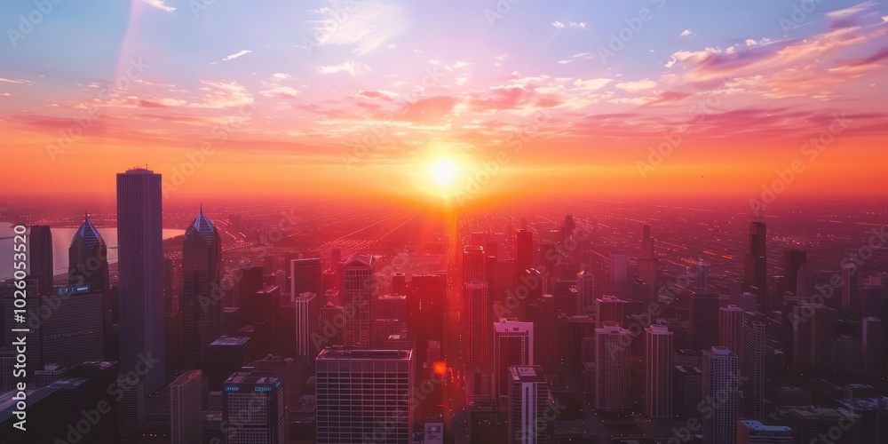 Fototapeta premium Aerial view of a city skyline during sunset.