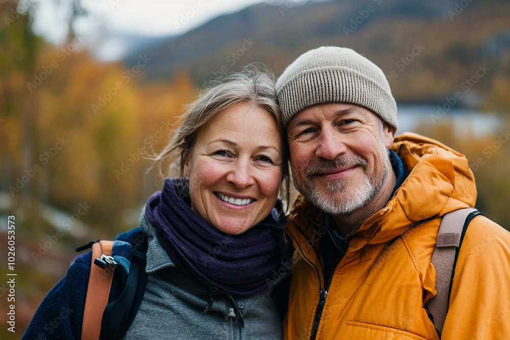Couple traveling on honeymoon in autumn forest generative AI Couple traveling on honeymoon in autumn forest generative AI