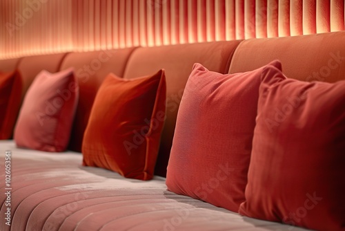 Red velvet cushions on a plush white sofa against a red striped wall.