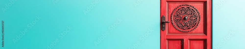 Vibrant Red Door Against Aqua Background Vibrant Red Door Against Aqua Background