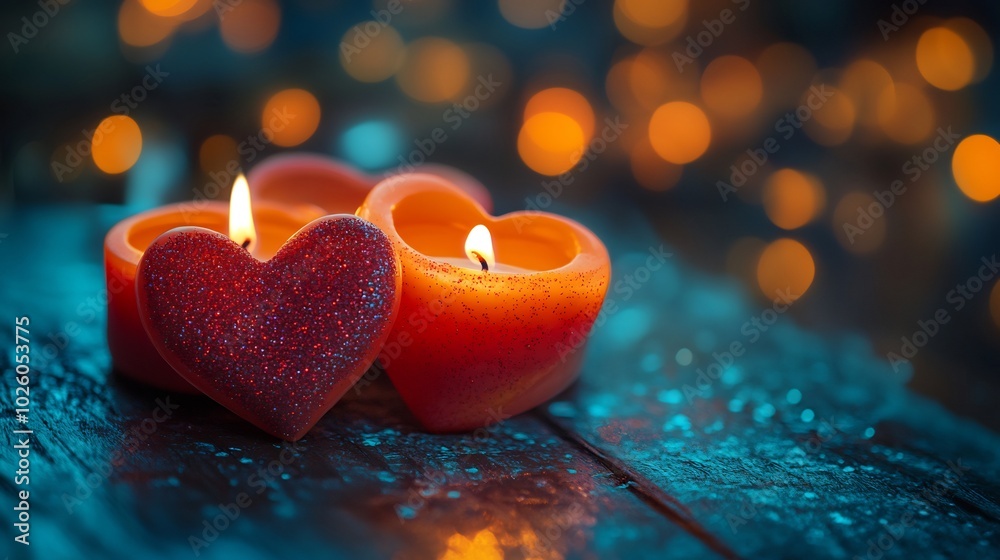 Heartshaped candles flicker gently against softly blurred backdrop with vibrant bokeh lights adding a magical glow A serene Valentines Day love concept with a cozy intimate feel Heartshaped candles flicker gently against softly blurred backdrop with vibrant bokeh lights adding a magical glow A serene Valentines Day love concept with a cozy intimate feel