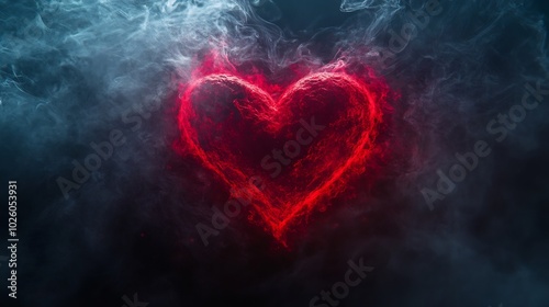 Gothic heart glowing crimson against minimalistic black background surrounded by subtle swirling mist creating a dark fantasy vibe for an eerie yet romantic Valentine's Day