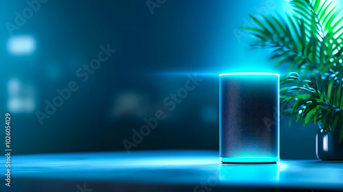 Smart speaker on a sleek, reflective surface with a glowing blue light, surrounded by greenery, representing modern technology and elegance. photo