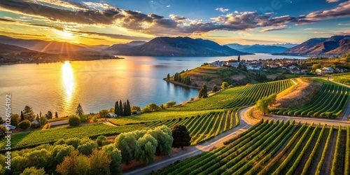 Aerial View of Kelowna Vineyards and Okanagan Lake - Scenic Landscape Photography