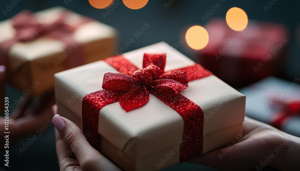 Beautifully wrapped holiday gift box with red ribbon and bokeh lights in the background.