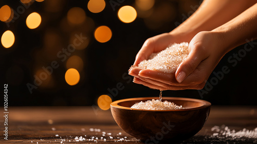 Hands gracefully pouring sea salt into a wooden bowl against a warm bokeh background, highlighting a serene and calming atmosphere.