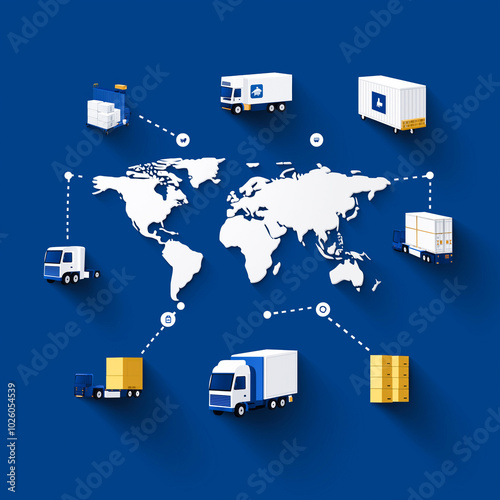Global logistics concept depicting interconnected supply routes with trucks and shipping containers on a world map, emphasizing distribution.