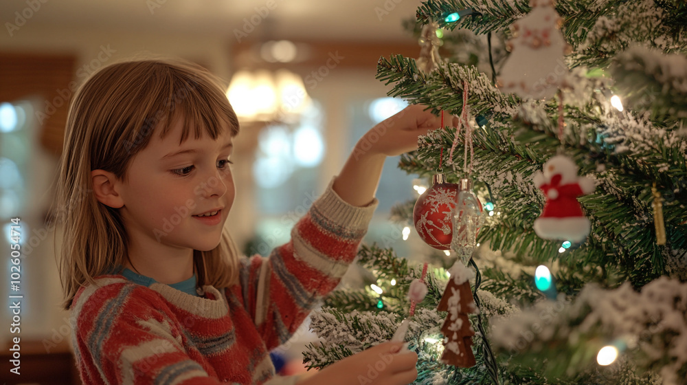 A child decorates a beautifully themed Christmas tree on Christmas Eve with joy and excitement A child decorates a beautifully themed Christmas tree on Christmas Eve with joy and excitement