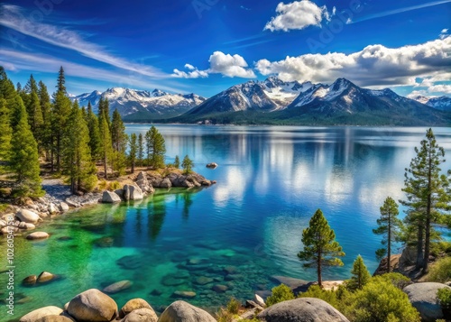 Explore a stunning panoramic vista of Lake Tahoe with the awe-inspiring Sierra Nevada Mountains rising majestically in the background, presented in vivid 4K UHD clarity.