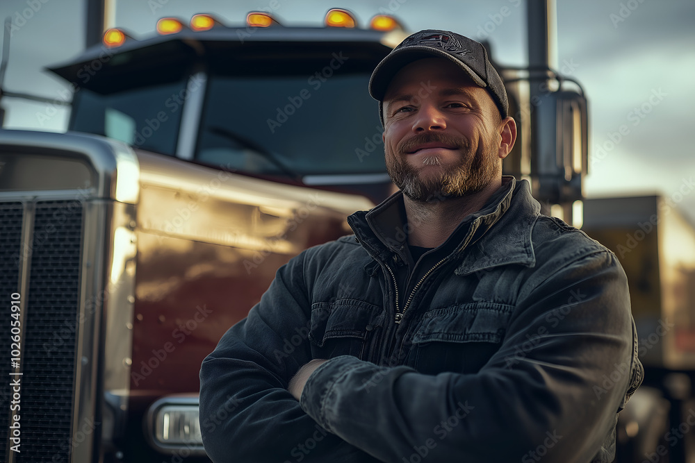 A smiling male truck driver standing in front of a heavy duty truck, Professional driver, Trucker lifestyle, Delivery services A smiling male truck driver standing in front of a heavy duty truck, Professional driver, Trucker lifestyle, Delivery services