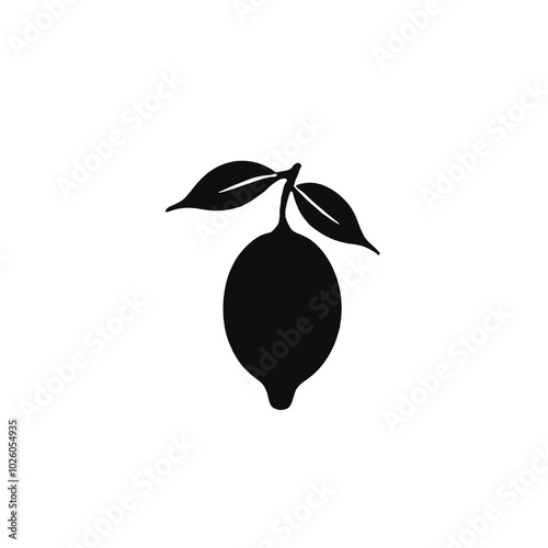 A black silhouette of a lemon with leaves 