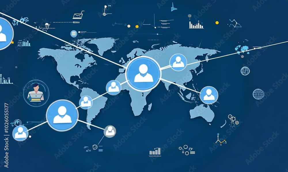 A world map with interconnected lines and icons representing a global network of people and businesses.