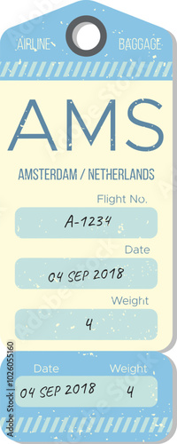 A baggage tag lists essential travel information, including flight number A-1234, weight, and dates from September 4, 2018, indicating travel to Amsterdam, Netherlands.