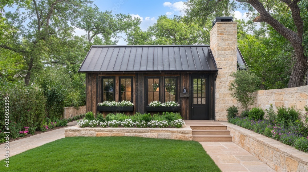 This charming modern rustic house features wood accents, black windows, and a stone chimney, nestled amidst lush trees and a vibrant green lawn This charming modern rustic house features wood accents, black windows, and a stone chimney, nestled amidst lush trees and a vibrant green lawn