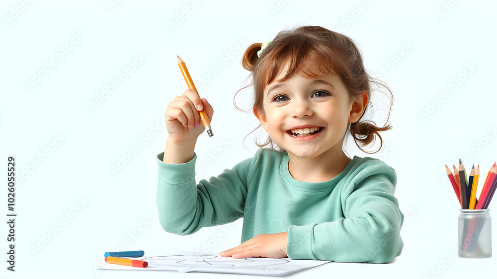 A young girl is sitting at a desk with a pencil and a piece of paper A young girl is sitting at a desk with a pencil and a piece of paper