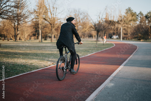 A man in casual attire rides his bicycle along a scenic path in the park, surrounded by trees and late afternoon sunlight, depicting relaxation and a healthy lifestyle.