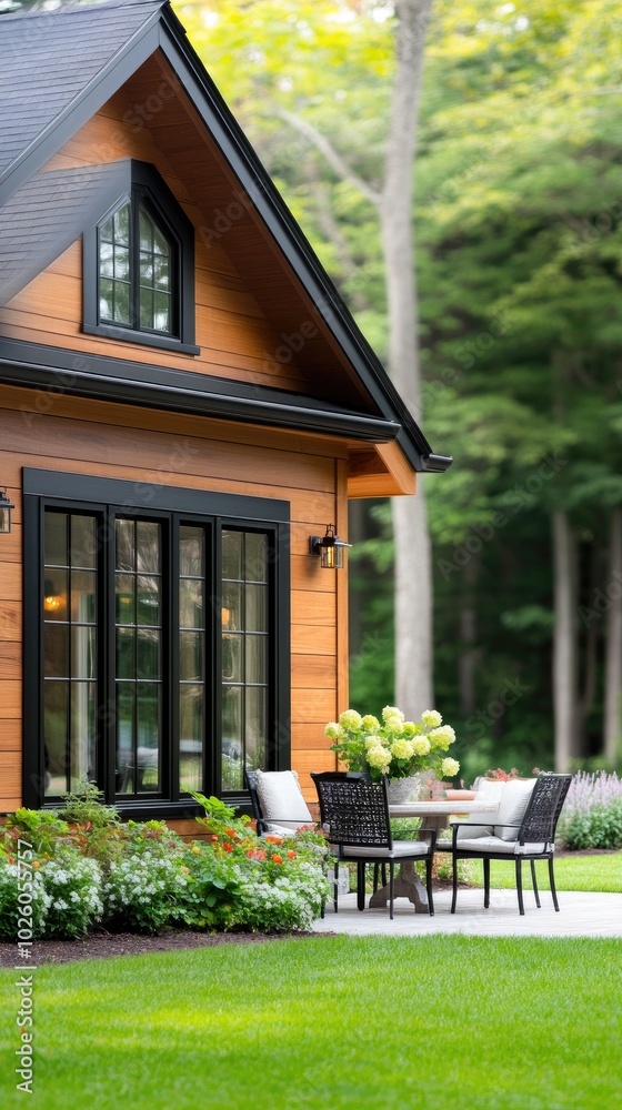 Obraz premium This charming modern rustic house features wood accents, black windows, and a stone chimney, nestled amidst lush trees and a vibrant green lawn