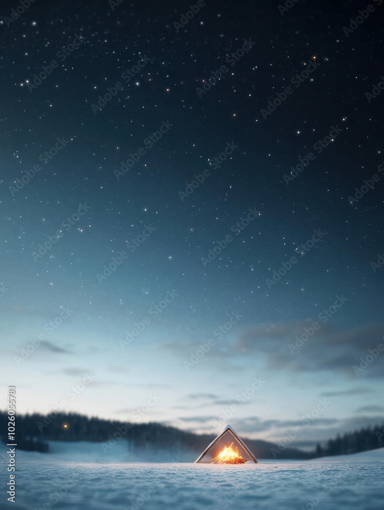 Cozy campfire in a snow-covered landscape under a starry night sky. Cozy campfire in a snow-covered landscape under a starry night sky.