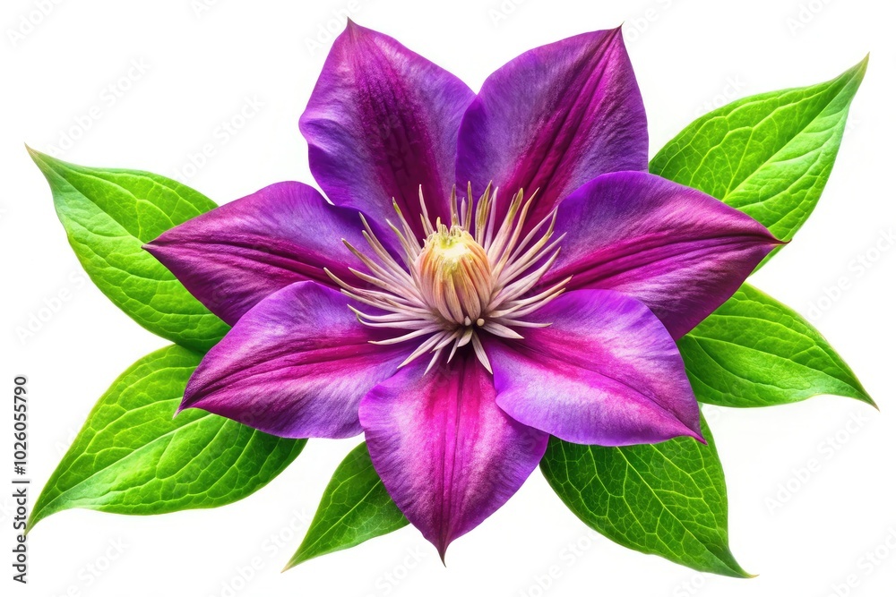 Exquisite clematis flower surrounded by fresh green leaves, isolated on a bright white background, serves as an ideal element for diverse design purposes. Exquisite clematis flower surrounded by fresh green leaves, isolated on a bright white background, serves as an ideal element for diverse design purposes.