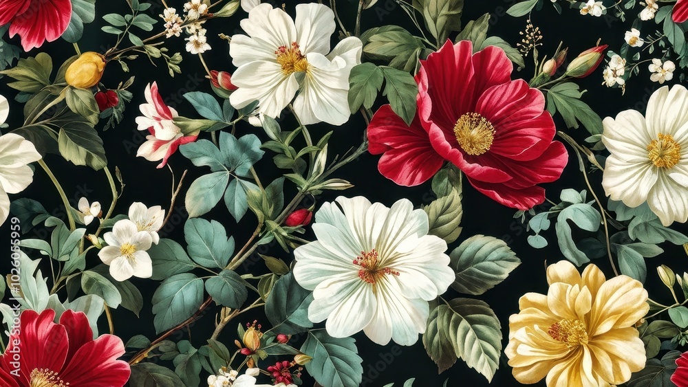 A vibrant floral pattern featuring various flowers and leaves on a dark background. A vibrant floral pattern featuring various flowers and leaves on a dark background.