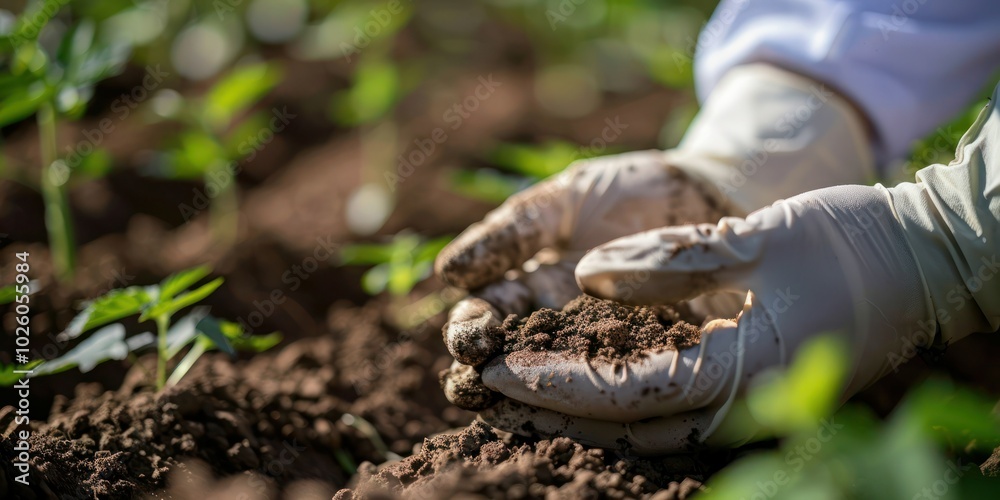 Fototapeta premium Close-up of hands holding soil samples in agriculture research