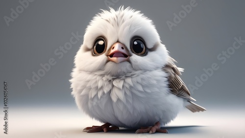 A darling white baby Sparrow , its entire body rendered in a charming cartoonish style, gazing up with emotive eyes.  