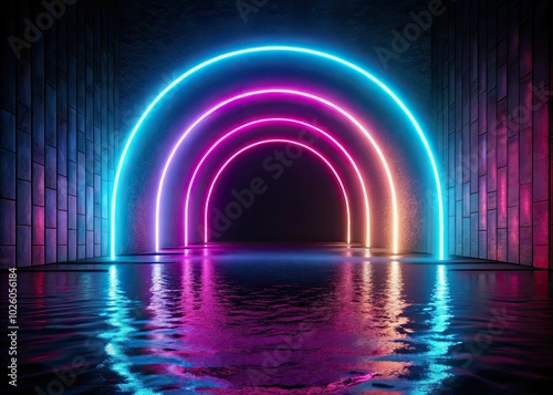 Eye-catching 3D render of abstract neon wallpaper with a brilliant glowing round arch on a bold black background, producing a stunning and vibrant visual effect.