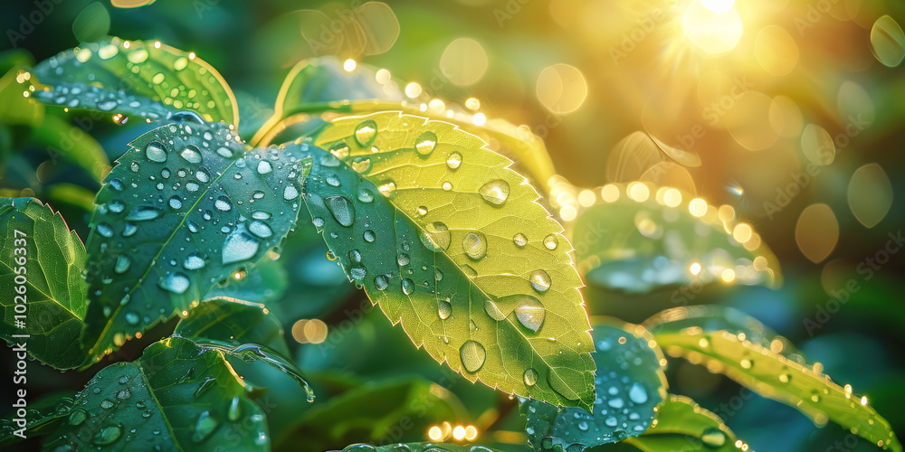Fresh greenery with dew droplet on leafy green plant with sparkle of sunshine light in garden. Biotechnology of environmental Fresh greenery with dew droplet on leafy green plant with sparkle of sunshine light in garden. Biotechnology of environmental