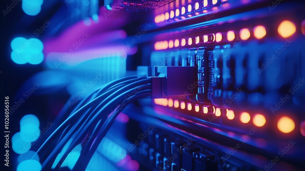 A close-up of illuminated server connections and cables, showcasing vibrant lights and a modern technological design. A close-up of illuminated server connections and cables, showcasing vibrant lights and a modern technological design.