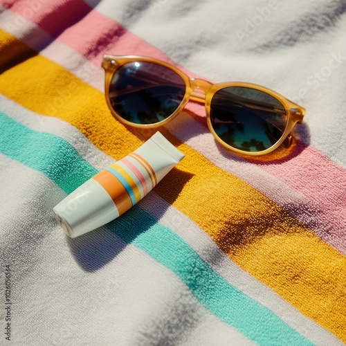 Close-up of sunscreen and sunglasses on a beach towel. photo